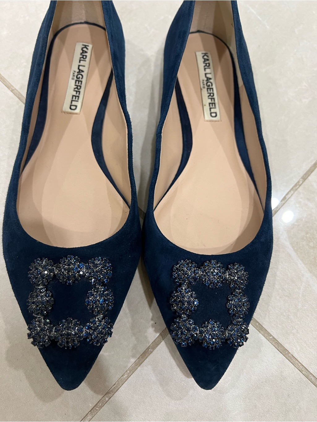 Karl Lagerfeld Navy Suede Pointed Toe Flats With Beaded Buckle